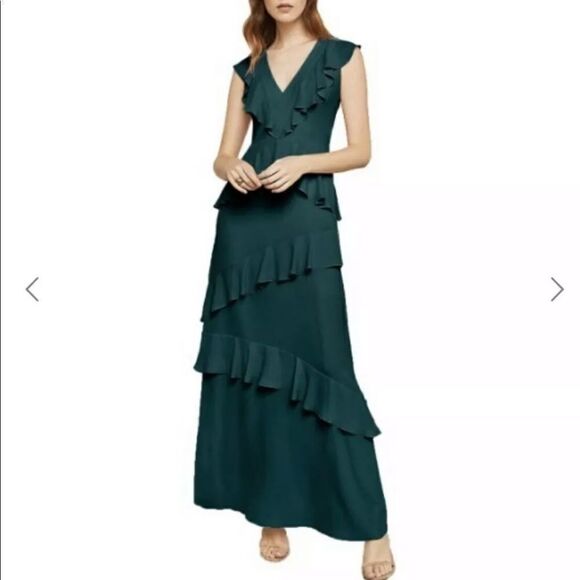 BCBGMAXAZRIA Sleeveless Tiered Ruffle Long Gown Maxi Dress Fern Green 2 - Picture 1 of 3